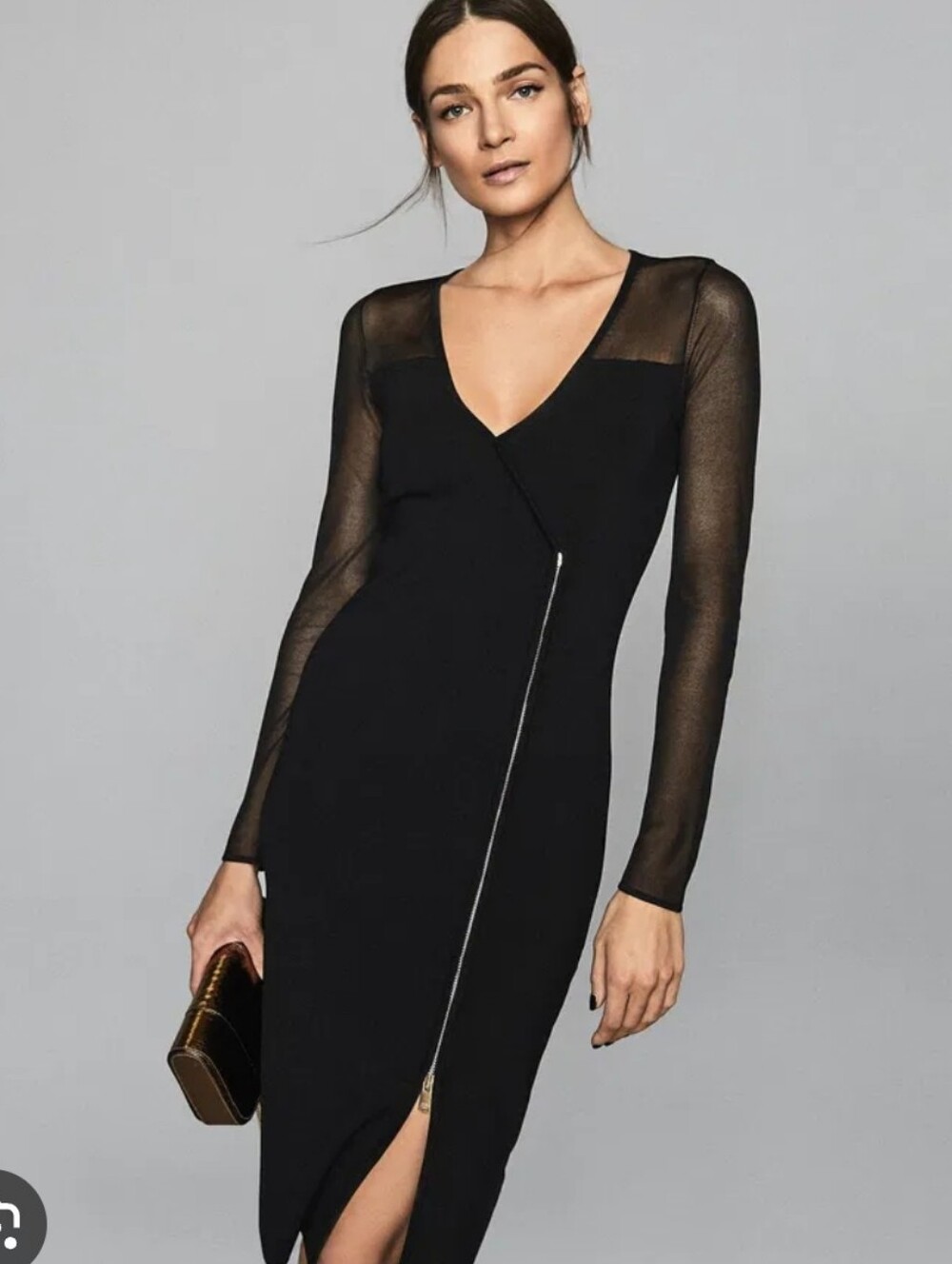 Reiss Black Long Sleeve Mesh-Panel Midi Dress
